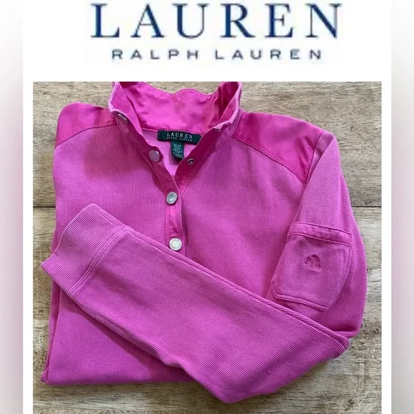 Lauren Ralph Lauren Women’s Medium Hot Pink Snap Front Ribbed Cotton Pullover - Picture 4 of 16